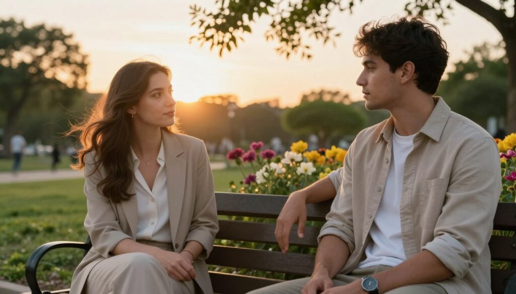 A serene outdoor setting depicting a Virgo woman and a Gemini man in a thoughtful conversation. The foreground features the couple sitting on a park bench, the woman dressed in a modest, professional outfit with neutral tones, and the man in smart casual attire, exuding a relaxed yet focused demeanor. In the middle ground, lush greenery and blooming flowers create a vibrant atmosphere, symbolizing growth and communication. The background showcases a softly lit sunset, casting warm golden hues, enhancing the mood of connection and introspection. The image captures the essence of depth in their relationship, with a gentle breeze rustling leaves, suggesting the challenges faced by these zodiac signs. The angle is slightly elevated, providing a glimpse of both their expressions. A serene outdoor setting depicting a Virgo woman and a Gemini man in a thoughtful conversation. The foreground features the couple sitting on a park bench, the woman dressed in a modest, professional outfit with neutral tones, and the man in smart casual attire, exuding a relaxed yet focused demeanor. In the middle ground, lush greenery and blooming flowers create a vibrant atmosphere, symbolizing growth and communication. The background showcases a softly lit sunset, casting warm golden hues, enhancing the mood of connection and introspection. The image captures the essence of depth in their relationship, with a gentle breeze rustling leaves, suggesting the challenges faced by these zodiac signs. The angle is slightly elevated, providing a glimpse of both their expressions.