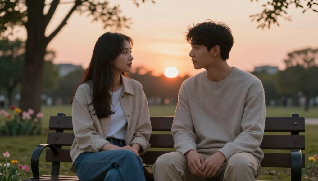 A serene outdoor setting during golden hour, focusing on two individuals sitting on a park bench, engaged in an intimate conversation. The foreground features the couple, both dressed in smart casual attire—she wearing a light jacket and jeans, he in a soft sweater and chinos. Their expressions reflect curiosity and warmth, conveying the potential for deeper emotions. In the middle ground, soft, blurred trees and flowers create a gentle, romantic environment, while the background showcases a dreamy sunset with warm hues of orange and pink, enhancing the atmosphere. Soft, diffused lighting enhances the tranquility and connection of the scene, emphasizing the blossoming feelings between the characters. The image underscores the theme of recognizing the potential for true love.