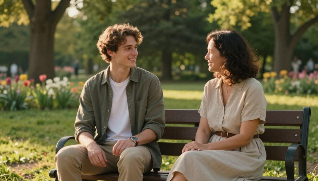 A serene outdoor setting in a park during late afternoon, featuring a young man and woman sitting on a bench. The man is dressed in casual yet stylish clothing, demonstrating openness and approachability. The woman wears a modest dress, exuding warmth and friendliness. Both are smiling and engaged in deep conversation, their body language relaxed and inviting. Soft, golden sunlight filters through the trees, creating a peaceful and natural atmosphere, highlighting their connection. In the background, lush greenery and blooming flowers enhance the tranquil setting. Capture the moment with a slightly blurred background to focus on their interaction, using a warm color palette to evoke a sense of comfort and maturity in their conversation.