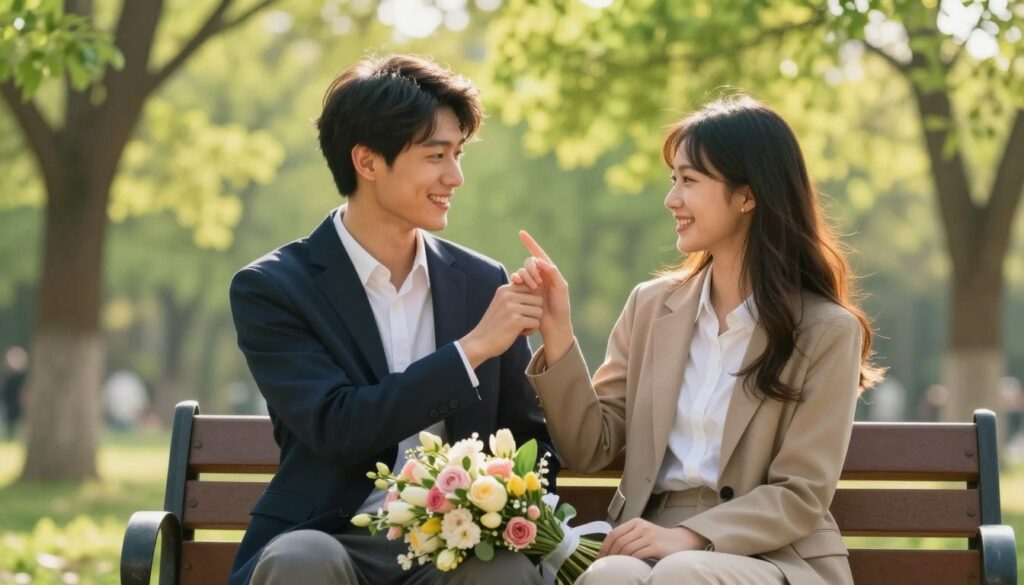 A serene park in early spring, where two young professionals, a man and a woman, are sitting on a bench, smiles lighting up their faces. The foreground features a delicate bouquet of blooming flowers, symbolizing budding romance. In the middle, the couple is dressed in smart casual attire, their hands gently brushing against each other, conveying a sense of warmth and connection. In the background, soft sunlight filters through vibrant green trees, creating a dreamy, ethereal atmosphere. The lighting is soft and warm, reminiscent of golden hour, highlighting their expressions of wonder and intrigue. The scene captures the magical moment of infatuation and the thrill of new love, evoking feelings of joy and youthful exuberance. A serene park in early spring, where two young professionals, a man and a woman, are sitting on a bench, smiles lighting up their faces. The foreground features a delicate bouquet of blooming flowers, symbolizing budding romance. In the middle, the couple is dressed in smart casual attire, their hands gently brushing against each other, conveying a sense of warmth and connection. In the background, soft sunlight filters through vibrant green trees, creating a dreamy, ethereal atmosphere. The lighting is soft and warm, reminiscent of golden hour, highlighting their expressions of wonder and intrigue. The scene captures the magical moment of infatuation and the thrill of new love, evoking feelings of joy and youthful exuberance.