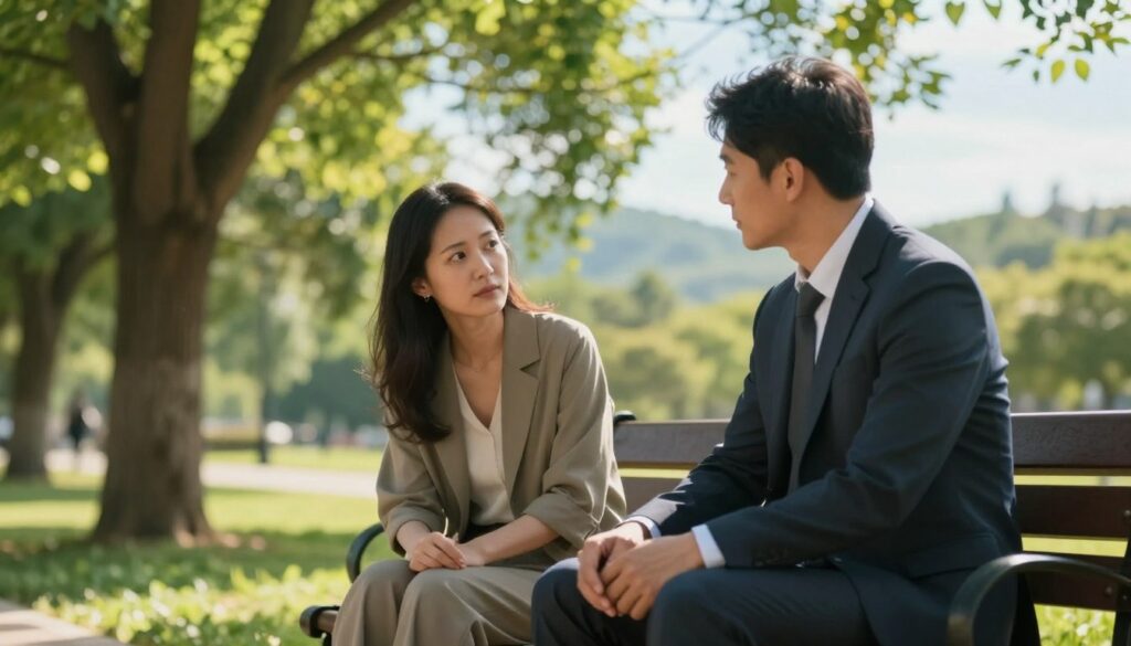 A serene park scene depicting a respectful and mature breakup conversation between two individuals sitting on a bench. In the foreground, a man in professional attire, looking calm and composed, is gently speaking with a woman in modest casual clothing, who has a thoughtful expression. The middle ground features lush green trees with dappled sunlight filtering through the leaves, creating a warm and peaceful atmosphere. In the background, soft hills fade into a gentle blue sky, symbolizing a hopeful new beginning. The lighting is soft and natural, enhancing the feeling of tranquility and respect. The angle captures the emotions of the conversation without any distractions, focusing on the connection between the two figures, while maintaining an overall mood of calmness and understanding.