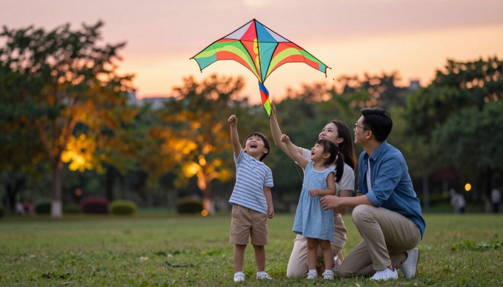 A serene park setting at dusk, where a blended family is depicted sharing their first joyful moments together. In the foreground, a smiling woman and a man, both dressed in smart casual attire, are kneeling beside two young children, encouraging them to play together with a colorful kite. The children, a boy and a girl, are laughing, their faces filled with excitement as they hold the kite strings. In the middle ground, a backdrop of softly glowing trees and a gentle sunset paints the sky in warm hues of orange and pink. The atmosphere radiates warmth, positivity, and the excitement of new beginnings, highlighting the theme of connection and harmony in blending families. The scene is captured with a slight bokeh effect, focusing on the family's interaction while creating a dreamy, inviting ambiance. A serene park setting at dusk, where a blended family is depicted sharing their first joyful moments together. In the foreground, a smiling woman and a man, both dressed in smart casual attire, are kneeling beside two young children, encouraging them to play together with a colorful kite. The children, a boy and a girl, are laughing, their faces filled with excitement as they hold the kite strings. In the middle ground, a backdrop of softly glowing trees and a gentle sunset paints the sky in warm hues of orange and pink. The atmosphere radiates warmth, positivity, and the excitement of new beginnings, highlighting the theme of connection and harmony in blending families. The scene is captured with a slight bokeh effect, focusing on the family's interaction while creating a dreamy, inviting ambiance.