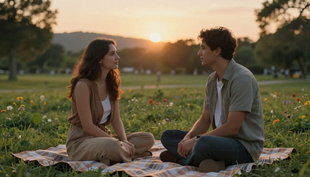 A serene park setting at sunset, highlighting two individuals engaging in a deep conversation that reflects shared values and connection. In the foreground, a couple sits on a comfortable picnic blanket, dressed in casual but tidy clothing. Their expressions are thoughtful and engaged, suggesting a bond built on trust and understanding. In the middle ground, a soft blur of greenery and wildflowers enhances the warmth of the moment. The background features a gentle sun setting behind distant hills, casting a golden hue that creates a peaceful, intimate atmosphere. The lighting is soft and warm, emphasizing the emotional depth of the interaction. The composition invites the viewer to resonate with the theme of shared values in relationships. A serene park setting at sunset, highlighting two individuals engaging in a deep conversation that reflects shared values and connection. In the foreground, a couple sits on a comfortable picnic blanket, dressed in casual but tidy clothing. Their expressions are thoughtful and engaged, suggesting a bond built on trust and understanding. In the middle ground, a soft blur of greenery and wildflowers enhances the warmth of the moment. The background features a gentle sun setting behind distant hills, casting a golden hue that creates a peaceful, intimate atmosphere. The lighting is soft and warm, emphasizing the emotional depth of the interaction. The composition invites the viewer to resonate with the theme of shared values in relationships.