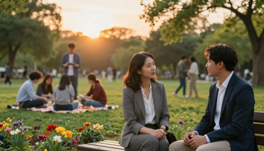 A serene park setting in the foreground features a couple engaged in a heartfelt conversation, symbolizing the transition from individual perspectives to a shared vision. They are dressed in professional business attire, sitting on a bench, surrounded by blooming flowers and lush greenery. In the middle ground, diverse groups of people enjoy activities together, such as picnicking and playing games, reflecting a sense of community. The background showcases a soft sunset casting a warm, golden light, evoking a mood of positivity and connection. The composition is framed with a slightly blurred depth of field, providing a focus on the couple while hinting at the camaraderie of the surroundings. The atmosphere is harmonious and inviting, embodying the essence of partnership and unity.