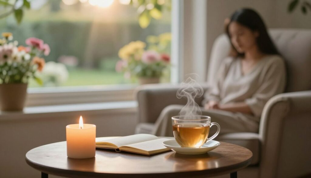 A serene, reflective scene depicting a supportive environment for processing loss. In the foreground, a small table with a lit candle, a journal, and a steaming cup of herbal tea symbolizes introspection and healing. The middle ground features a cozy armchair by a window, bathed in soft, warm light, hinting at a safe space for contemplation. Outside the window, a tranquil garden with blooming flowers and gentle sunlight streaming through leaves conveys hope and renewal. The overall atmosphere is calm and uplifting, emphasizing the journey of emotional healing and the embrace of new beginnings. The composition has a shallow depth of field to focus on the intimate details, evoking a sense of warmth and support.