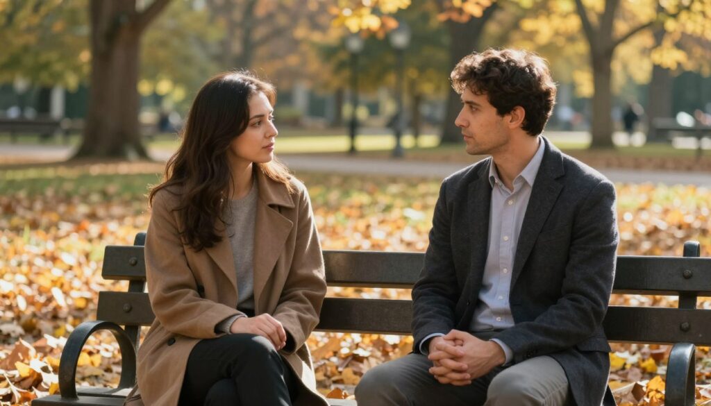 A serene, reflective scene depicting two individuals sitting together on a park bench, surrounded by autumn foliage. The foreground shows them deep in conversation, their expressions combining nostalgia and contemplation, dressed in cozy yet professional fall attire. In the middle, a scattering of fallen leaves encircles the bench, symbolizing the passage of time and shared memories. The background features a soft-focus park with a gentle sunlight filtering through the trees, casting dappled shadows. The overall mood is bittersweet, capturing the importance of shared memories in decision-making about relationships. The image has a warm, inviting color palette, emphasizing emotional depth and connection while maintaining a professional atmosphere.