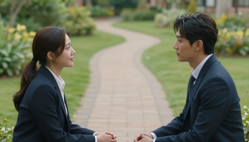 A serene scene capturing the balance between closeness and autonomy. In the foreground, a diverse pair of individuals, a man and a woman, dressed in professional business attire, are engaged in a thoughtful conversation, their body language reflecting mutual respect and understanding. The middle ground features a subtle representation of intertwined paths leading to a horizon, symbolizing shared decisions and responsibilities. In the background, soft, natural lighting filters through a lush garden, promoting a sense of peace and harmony. The color palette is calming, with greens and blues dominating, creating an atmosphere of tranquility and introspection. The angle is slightly elevated, allowing the viewer to observe the interaction and the symbolic paths, evoking a feeling of warmth and connection.