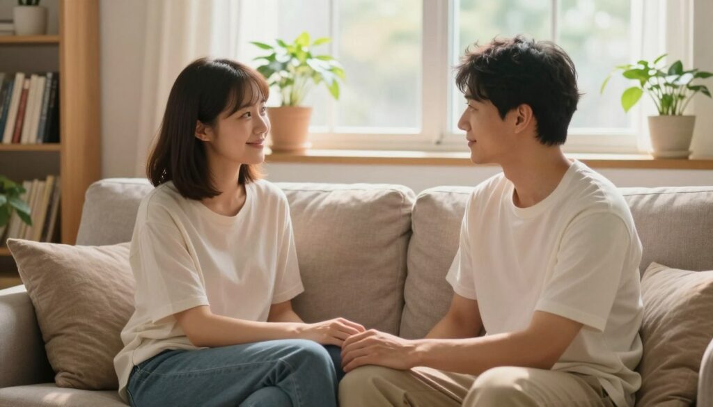 A serene scene capturing the essence of secure attachment, featuring two individuals sitting comfortably in a cozy, softly lit room. In the foreground, a man and a woman, dressed in modest casual clothing, share a warm, reassuring gaze, symbolizing trust and connection. Their relaxed postures, with one gently resting a hand on the other's knee, convey a sense of safety and emotional support. In the middle ground, a plush sofa is surrounded by calming elements like potted plants and a bookshelf filled with self-help literature. The background features a peaceful, softly lit window where gentle sunlight filters in, creating a warm atmosphere. This image should evoke feelings of comfort and emotional safety, reflecting the impact of attachment styles on relationship security. Use a soft focus lens and warm color tones for a harmonious effect.