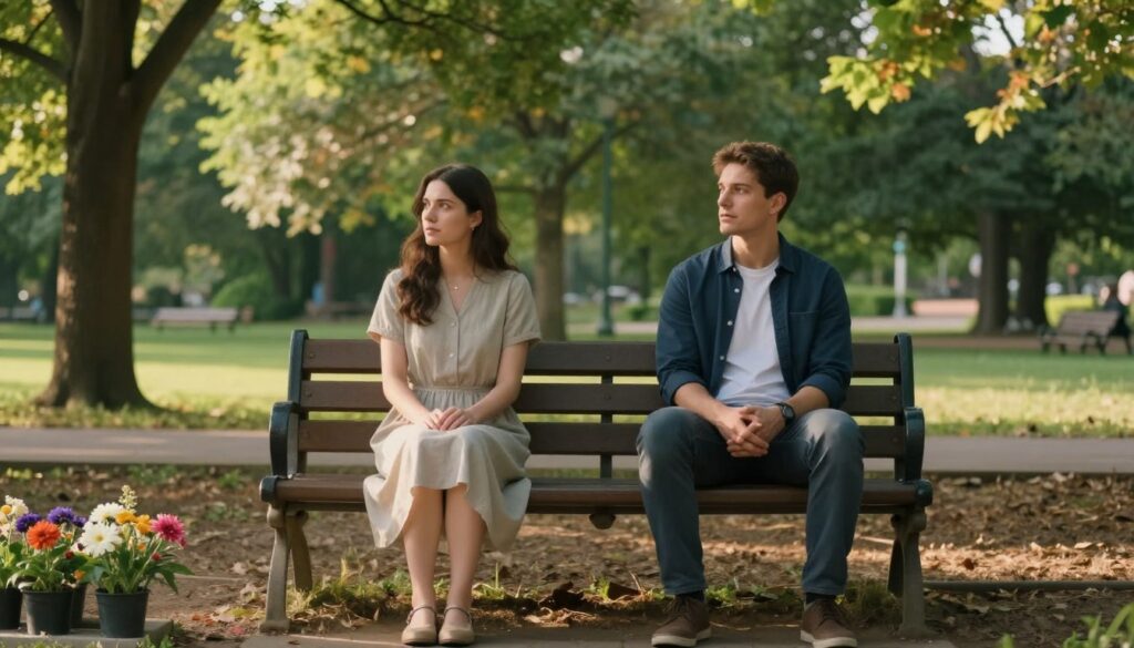 A serene scene depicting a couple sitting on a park bench, each in thoughtful yet relaxed poses, subtly reflecting on their relationship pause. The woman, dressed in a modest summer dress, gazes thoughtfully at the ground, while the man, in smart-casual attire, looks off into the distance. In the foreground, a neatly arranged array of flowers adds a touch of color and symbolizes growth. The middle ground features lush green trees and soft sunlight filtering through the leaves, creating a warm and inviting atmosphere. The background reveals a tranquil park path, enhancing a sense of introspection and peace. The lighting is soft, suggesting late afternoon, evoking a mood of contemplation and hope for positive change.