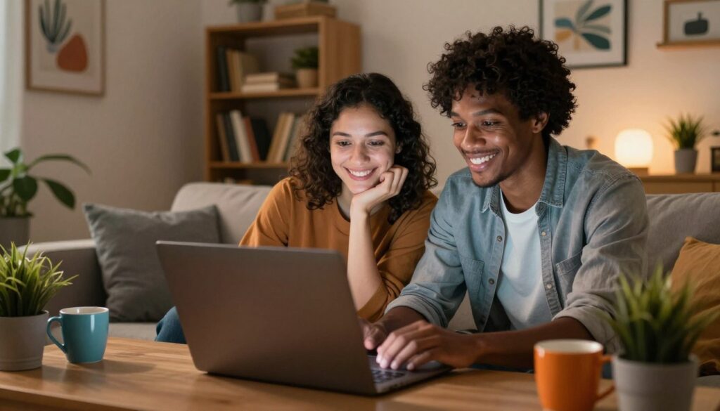 A serene scene depicting a diverse group of two people engaged in a video call on their laptops, sitting comfortably in their respective cozy home environments. In the foreground, a glowing laptop screen illuminates their faces while they smile and share a moment of connection, highlighting the warmth of their interaction. In the middle, soft pillows, colorful mugs, and plants create a welcoming, personal atmosphere, emphasizing comfort and intimacy. In the background, cozy bookshelves and art on the walls reflect their personalities and interests. The lighting is warm and inviting, casting a soft glow that enhances the feelings of trust and connection. The mood is uplifting and supportive, capturing the essence of long-distance relationships built through meaningful communication.