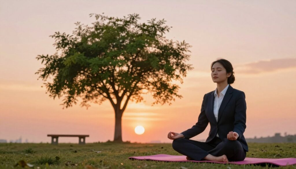 A serene scene depicting effective techniques for managing jealousy and difficult emotions. In the foreground, a calm individual wearing professional business attire sits cross-legged on a soft, vibrant yoga mat, practicing mindfulness with closed eyes. In the middle, a gentle breeze rustles lush green trees, symbolizing emotional growth and balance. A small wooden bench is also visible, suggesting a place for reflection. The background features a sunset sky painted in warm oranges and soft pinks, casting a golden light over the scene, creating a peaceful atmosphere. Soft, diffused lighting enhances the tranquility of the moment, inviting viewers to contemplate emotional resilience and connection.