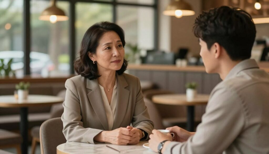 A serene scene depicting emotional maturity as a central theme. In the foreground, a mature woman in her early 40s, wearing a smart, elegant business attire, sitting at a cozy café table, radiating confidence and warmth. She is engaged in a thoughtful conversation with a younger man, around 20 years her junior, dressed in casual yet refined clothing, showing attentiveness and respect. In the middle ground, the café environment is inviting, with soft lighting creating an intimate atmosphere, enriched by warm, earthy tones. The background features a blurred view of nature through large windows, symbolizing growth and connection. The overall mood is one of understanding, deep connection, and emotional intelligence, emphasizing the importance of maturity in building enduring relationships.