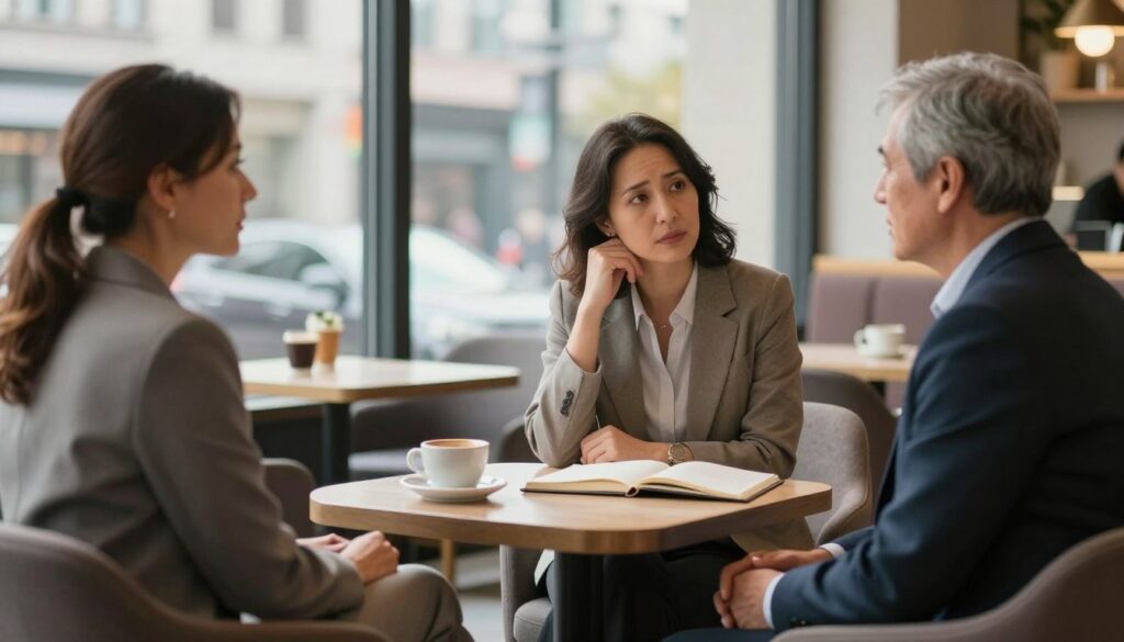 A serene scene depicting emotional maturity in relationships, featuring a diverse group of three adults in professional attire engaging in a thoughtful conversation. The foreground shows them sitting comfortably in a modern, cozy café, with soft natural lighting illuminating their faces, highlighting expressions of empathy and understanding. In the middle ground, a table is adorned with coffee cups and an open notebook, suggesting collaboration and reflection. In the background, large windows reveal a vibrant cityscape, hinting at the complexity of relationships in a bustling environment. The atmosphere is warm and inviting, evoking a sense of connection and stability, with a gentle focus on the characters' interactions, reflecting the essence of building lasting bonds. A serene scene depicting emotional maturity in relationships, featuring a diverse group of three adults in professional attire engaging in a thoughtful conversation. The foreground shows them sitting comfortably in a modern, cozy café, with soft natural lighting illuminating their faces, highlighting expressions of empathy and understanding. In the middle ground, a table is adorned with coffee cups and an open notebook, suggesting collaboration and reflection. In the background, large windows reveal a vibrant cityscape, hinting at the complexity of relationships in a bustling environment. The atmosphere is warm and inviting, evoking a sense of connection and stability, with a gentle focus on the characters' interactions, reflecting the essence of building lasting bonds.
