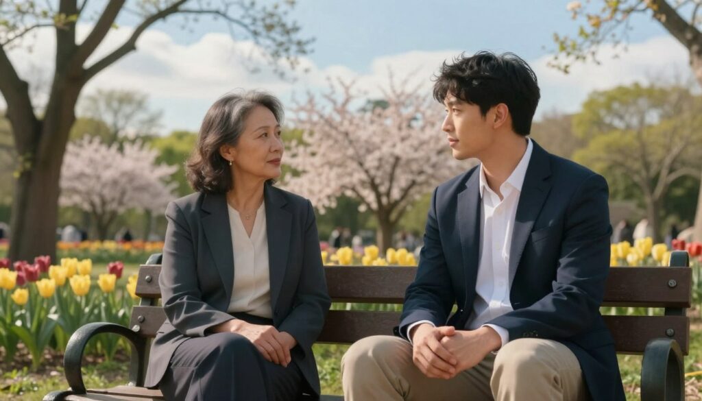 A serene scene depicting the biological and life stages in relationships with significant age differences. In the foreground, a mature woman and a younger man sit on a park bench, engaged in a thoughtful conversation. Both are dressed in professional business attire, reflecting different generational styles. The middle ground features blossoming flowers symbolizing growth and change over time, while trees represent the passage of life. The background shows a clear blue sky with soft clouds, suggesting a peaceful atmosphere. The lighting is warm and inviting, highlighting their expressions and the natural surroundings. Capture this moment with a slightly elevated angle to create depth, emphasizing the connection between the subjects and the concept of life stages in relationships.