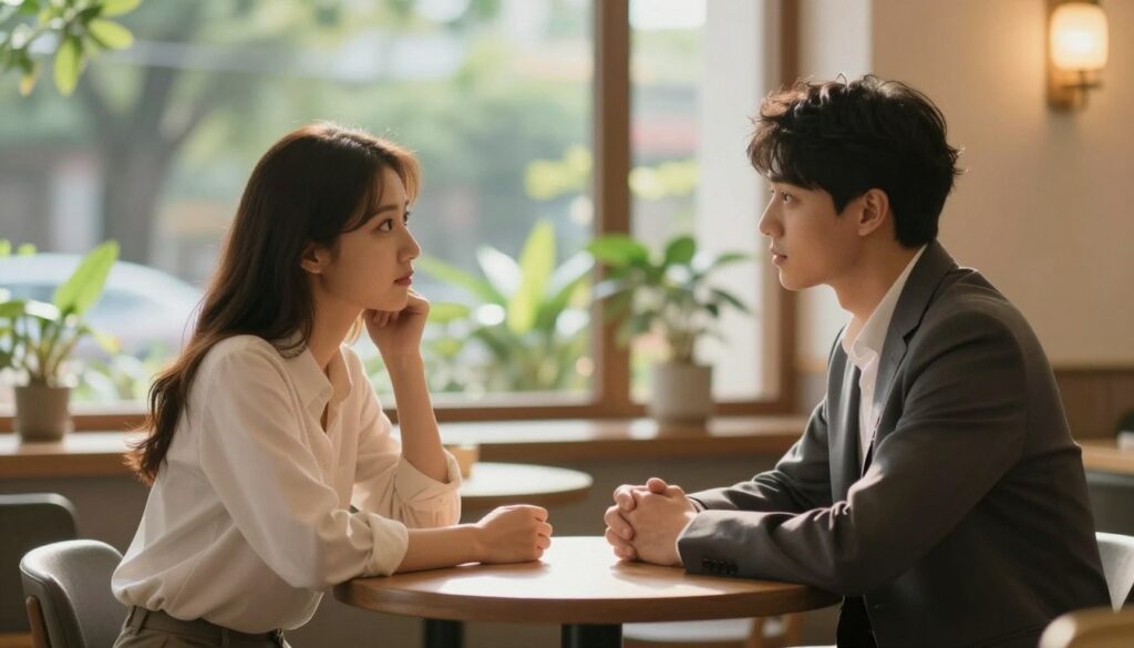 A serene scene depicting the process of rebuilding trust after a crisis in a relationship. In the foreground, a couple sits at a small, intimate table in a cozy café, both dressed in professional attire, looking into each other's eyes with expressions of hope and understanding. The middle ground features warm, soft lighting casting gentle shadows, creating an atmosphere of warmth and intimacy. In the background, a blurred view of lush greenery outside a window symbolizes growth and renewal. The overall mood is reflective and supportive, suggesting healing and connection. A shallow depth of field highlights the couple while maintaining a dreamy ambiance, perfect for illustrating the emotional journey of regaining trust.