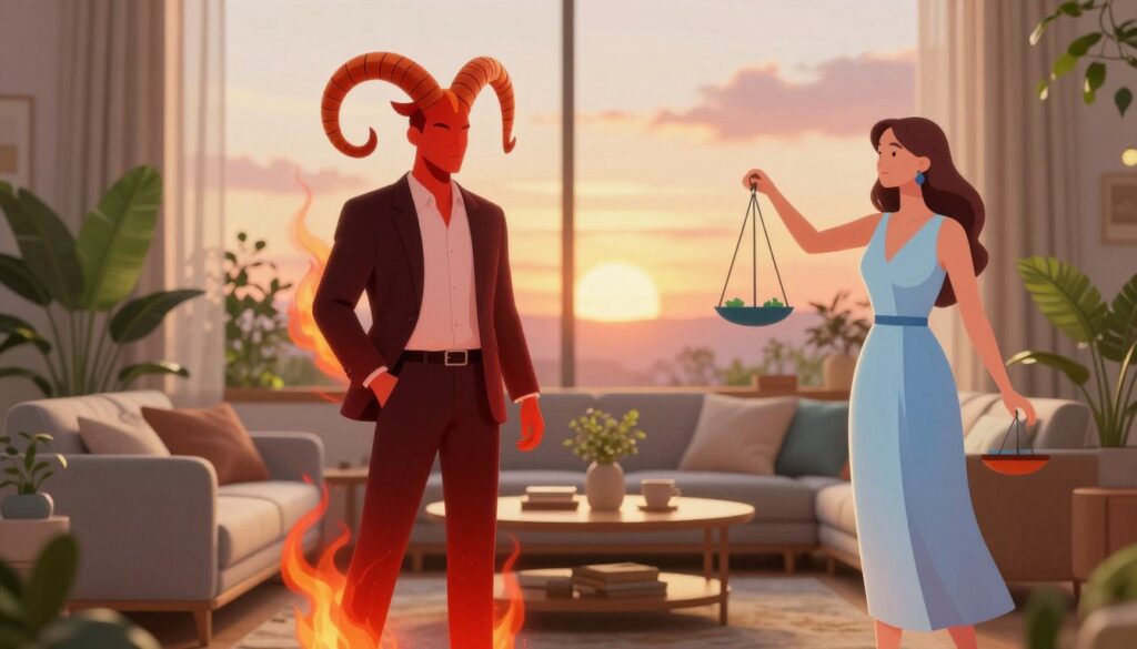 A serene scene depicting the zodiac signs of Aries and Libra as two distinct yet complementary figures. In the foreground, a confident Aries figure, dressed in professional attire, stands tall with a fiery red hue surrounding them, symbolizing passion and determination. In contrast, a graceful Libra figure in elegant, but modest clothing, embodies balance and harmony with soft blue and pastel tones around them. In the middle ground, a cozy, modern living room filled with lush plants and a beautifully arranged table, illustrating their shared life. The background features a sunset sky, casting warm golden light that creates an inviting atmosphere. The overall mood is one of understanding and collaboration, reflecting the challenges and joys faced by this pair. The composition is framed with a gentle focus, bringing both figures into harmonious view.