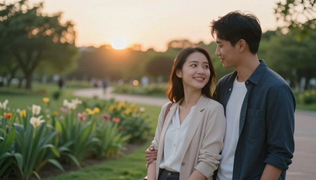 A serene scene depicting trust and faith in a partnership. In the foreground, a couple stands together, their expressions filled with warmth and understanding, dressed in smart casual attire, leaning towards each other in a relaxed yet supportive posture. The middle ground features a soft, blurred park setting with vibrant greenery and gentle flowers, symbolizing growth and harmony. In the background, a calm sunset casts a golden glow, enhancing the atmosphere of safety and connection. The lighting is soft and diffused, creating an inviting mood that conveys emotional intimacy. Capture this moment from a slightly elevated angle to emphasize the couple’s bond amidst the tranquil surroundings, highlighting the significance of trust in a relationship. A serene scene depicting trust and faith in a partnership. In the foreground, a couple stands together, their expressions filled with warmth and understanding, dressed in smart casual attire, leaning towards each other in a relaxed yet supportive posture. The middle ground features a soft, blurred park setting with vibrant greenery and gentle flowers, symbolizing growth and harmony. In the background, a calm sunset casts a golden glow, enhancing the atmosphere of safety and connection. The lighting is soft and diffused, creating an inviting mood that conveys emotional intimacy. Capture this moment from a slightly elevated angle to emphasize the couple’s bond amidst the tranquil surroundings, highlighting the significance of trust in a relationship.