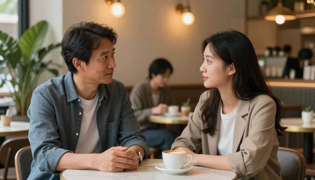 A serene scene depicting two individuals engaged in a deep conversation, symbolizing the essence of communication as the foundation of a strong relationship. In the foreground, a middle-aged man and a younger woman, both dressed in smart casual attire, sit at a round table in a cozy café. Their expressions reflect attentiveness and empathy, showcasing a connection built on mutual respect. The middle ground features warm, ambient lighting that creates an inviting atmosphere, with soft focus on nearby plants and tasteful decor. In the background, patrons enjoy their coffee, adding life to the setting without distracting from the main subjects. The overall mood is calm and nurturing, illustrating the importance of open dialogue in fostering lasting bonds.