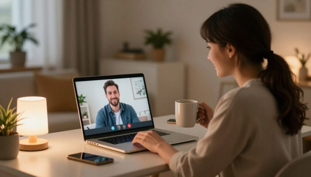 A serene scene depicting two individuals engaged in a video call, separated by distance yet connected emotionally. The foreground shows a woman sitting at a cozy desk with a warm lamp, holding a coffee mug and smiling at her laptop screen. She is dressed in modest, casual clothing. In the middle ground, a gently glowing laptop displays the image of a man dressed in smart casual attire, appearing relaxed as he engages with her. The background shows soft, blurred elements of a well-decorated room filled with plants and personal touches, creating an inviting atmosphere. Warm, soft lighting enhances the intimate feel of the moment, evoking a sense of closeness despite physical separation. The overall mood is one of comfort, connection, and emotional support. A serene scene depicting two individuals engaged in a video call, separated by distance yet connected emotionally. The foreground shows a woman sitting at a cozy desk with a warm lamp, holding a coffee mug and smiling at her laptop screen. She is dressed in modest, casual clothing. In the middle ground, a gently glowing laptop displays the image of a man dressed in smart casual attire, appearing relaxed as he engages with her. The background shows soft, blurred elements of a well-decorated room filled with plants and personal touches, creating an inviting atmosphere. Warm, soft lighting enhances the intimate feel of the moment, evoking a sense of closeness despite physical separation. The overall mood is one of comfort, connection, and emotional support.