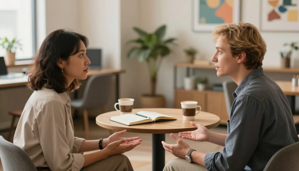 A serene scene depicting two professionals engaged in a constructive conversation, reflecting mutual understanding and respect. In the foreground, a diverse couple, one with dark hair and the other with light hair, dressed in smart casual attire, face each other with open body language, looking attentive and empathetic. In the middle ground, a small table with a notebook and two cups of coffee symbolizes a collaborative environment. The background features a softly lit office space with warm colors, plants, and artwork that suggests creativity and collaboration. The image conveys a calm atmosphere filled with trust, highlighting the importance of non-aggressive communication. Use soft, diffused lighting to enhance the inviting mood. Capture the scene from a slightly elevated angle to include both individuals and their surroundings.