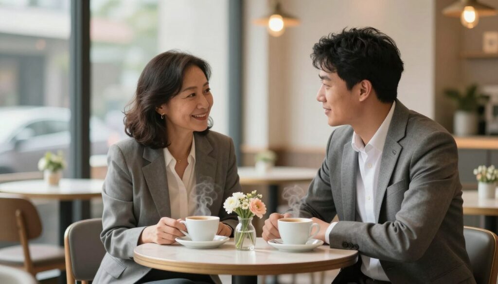 A serene scene in a cozy café, reflecting the theme of lasting relationship foundations built on shared values. In the foreground, a diverse couple in professional business attire, a middle-aged woman and a younger man, are seated close together at a small table, engaged in a deep conversation. Their expressions convey warmth and understanding. The middle of the image showcases a beautifully arranged table with two steaming cups of coffee and a small vase of fresh flowers, symbolizing care and connection. The background reveals soft, diffused lighting through large windows, casting a gentle glow on the scene, creating an inviting and intimate atmosphere. The overall mood is one of positivity, trust, and compassion, emphasizing the strength of unity despite diversity.