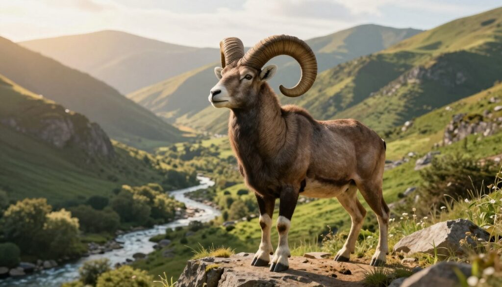 A serene, sunlit mountain landscape depicting a majestic Capricorn, symbolizing trust and stability. In the foreground, the Capricorn stands on a solid cliff edge, gazing confidently into the distance, embodying loyalty and strength. The middle ground features lush greenery and gentle streams flowing through, representing a nurturing environment for building relationships. In the background, soft, rolling hills bathed in golden sunlight create a warm and inviting atmosphere. The scene is illuminated with soft, natural lighting, highlighting the Capricorn's strong features and the vibrant colors of the landscape. Capture this moment with a slightly elevated angle, emphasizing the majestic nature of the Capricorn and the harmonious surroundings, evoking feelings of peace and trust.