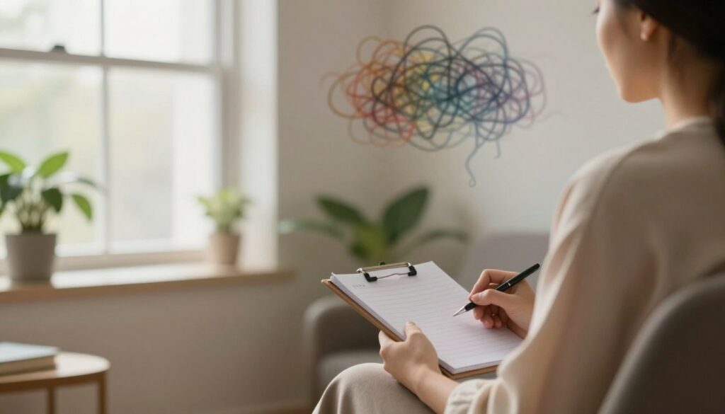 A serene therapist's office as the foreground, featuring a comfortable chair with a notepad and pen, symbolizing effective techniques to break the cycle of overthinking. In the middle ground, a cozy window with soft natural light streaming through, illuminating gentle plants that represent clarity and growth. The background includes abstract representations of tangled thoughts and memories gently fading away, depicted as blurred wisps of color, emphasizing a transition. The overall mood should be calm and introspective, using warm lighting to create a welcoming atmosphere. The composition should be slightly angled, resembling a wide-angle lens view, inviting the observer into a space of reflection and healing. A serene therapist's office as the foreground, featuring a comfortable chair with a notepad and pen, symbolizing effective techniques to break the cycle of overthinking. In the middle ground, a cozy window with soft natural light streaming through, illuminating gentle plants that represent clarity and growth. The background includes abstract representations of tangled thoughts and memories gently fading away, depicted as blurred wisps of color, emphasizing a transition. The overall mood should be calm and introspective, using warm lighting to create a welcoming atmosphere. The composition should be slightly angled, resembling a wide-angle lens view, inviting the observer into a space of reflection and healing.