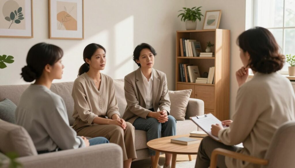 A serene therapist’s office setting, with a comfortable sofa in the foreground and a warm, inviting atmosphere. The middle of the scene features a diverse group of three individuals—a woman and a man, both in professional attire, and a therapist (a middle-aged individual) with a thoughtful expression, guiding the conversation. Soft, natural light filters through a window, casting gentle shadows on the walls adorned with calming artwork. In the background, a bookshelf filled with self-help books and plants adds to the soothing ambiance. The colors are warm and earthy, promoting a sense of safety and trust. The mood conveys openness and support, symbolizing the journey towards emotional healing. A serene therapist’s office setting, with a comfortable sofa in the foreground and a warm, inviting atmosphere. The middle of the scene features a diverse group of three individuals—a woman and a man, both in professional attire, and a therapist (a middle-aged individual) with a thoughtful expression, guiding the conversation. Soft, natural light filters through a window, casting gentle shadows on the walls adorned with calming artwork. In the background, a bookshelf filled with self-help books and plants adds to the soothing ambiance. The colors are warm and earthy, promoting a sense of safety and trust. The mood conveys openness and support, symbolizing the journey towards emotional healing.