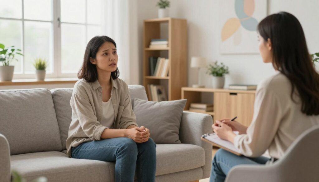 A serene therapy room featuring a comfortable modern couch in the foreground, with a therapist sitting calmly in a professional attire, actively listening to a client. The client, dressed in modest casual clothing, appears to be expressing their thoughts and emotions, reflecting vulnerability and openness. In the middle ground, a soft, ambient light filters through large windows, creating a warm and inviting atmosphere. Shelves lined with self-help books and plants add a touch of tranquility and depth to the scene. In the background, a subtle abstract artwork symbolizes personal growth and transformation, evoking a sense of hopefulness. The overall mood is supportive and insightful, illustrating the theme of healing and change in behavior through therapy.