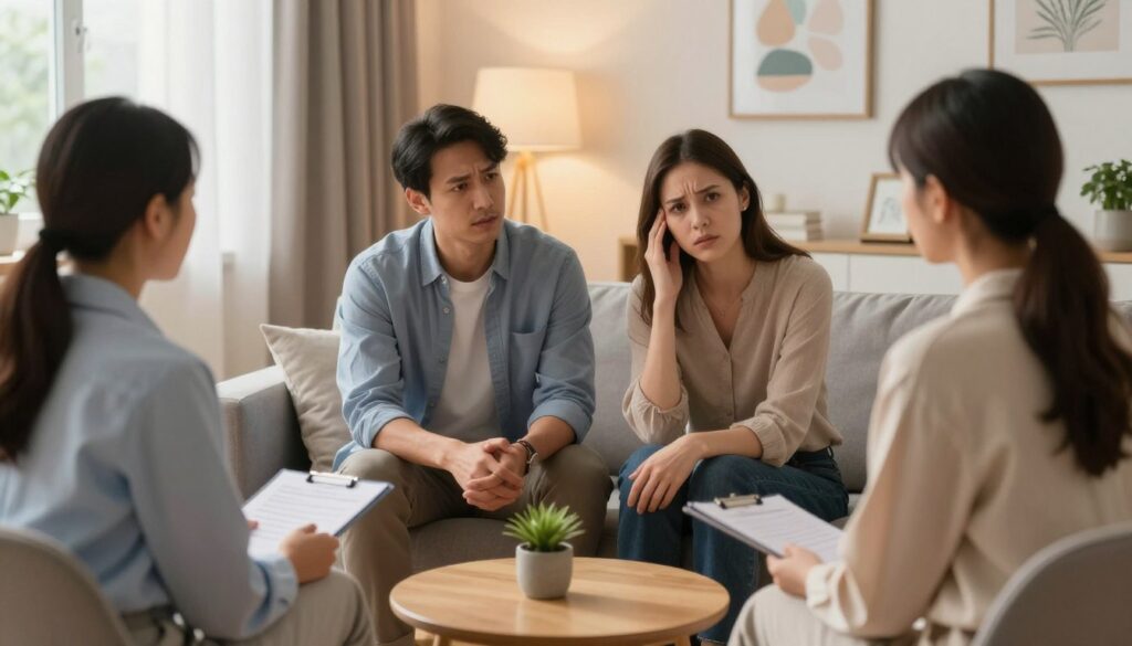 A serene therapy session in a cozy office, featuring a male and female therapist, both dressed in professional attire, engaged in a supportive conversation with a couple seated across from them. The foreground includes a small table with notepads and a plant. The middle space shows the couple, their expressions reflecting tension, but with a hint of hope as they interact with the therapists. The background features soft, warm lighting from a window, casting gentle shadows and creating a calming atmosphere. The decor includes soft colors, comfortable furniture, and framed artwork that promote tranquility and support. The overall mood conveys empathy and the professional support necessary for rebuilding emotional connections. The camera angle captures a slightly elevated view that emphasizes the group dynamic.