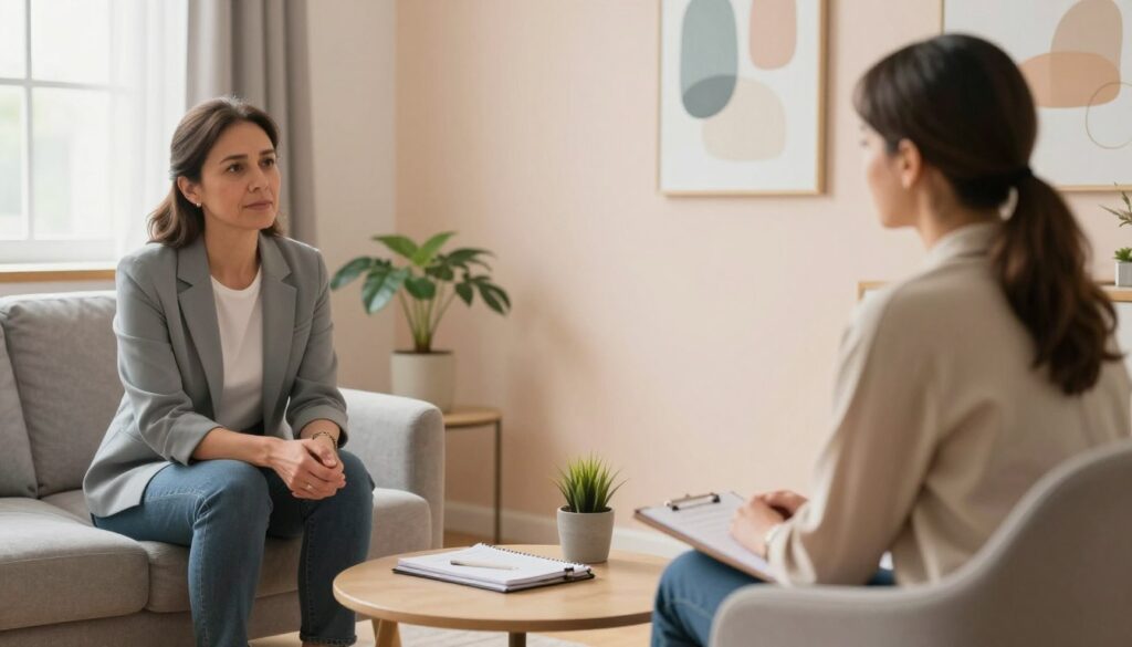 A serene therapy session in a cozy, well-lit room, featuring a qualified therapist and a client engaged in an open dialogue. In the foreground, the therapist, a middle-aged woman in professional business attire, listens attentively, her expression calm and empathetic. The client, a young man in modest casual clothing, sits across from her, looking contemplative yet hopeful. In the middle ground, a small coffee table holds therapy resources such as notepads and a plant. The background showcases soft, pastel-colored walls adorned with abstract art that conveys emotional healing. The warm, natural light filters through a window, creating a peaceful atmosphere that promotes trust and openness. The overall mood is supportive and encouraging, reflecting the essence of effective therapeutic methods.