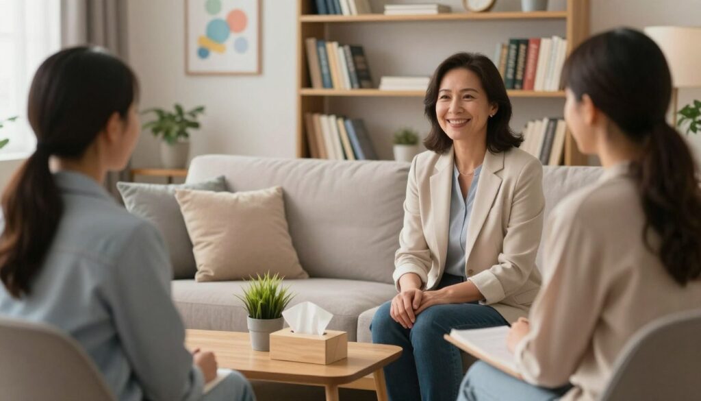 A serene therapy session set in a cozy, softly lit room. In the foreground, a compassionate therapist, a middle-aged woman in professional attire, sits with a warm smile, actively listening to a young adult client dressed in modest casual clothing. The middle ground features an inviting couch with a few pillows and a coffee table with calming items like a small plant and a box of tissues. In the background, there are bookshelves filled with self-help books and artwork that promotes positivity. The ambient lighting creates a peaceful atmosphere, suggesting a safe space for healing. The mood conveys warmth, understanding, and support, illustrating the importance of therapy in emotional well-being.