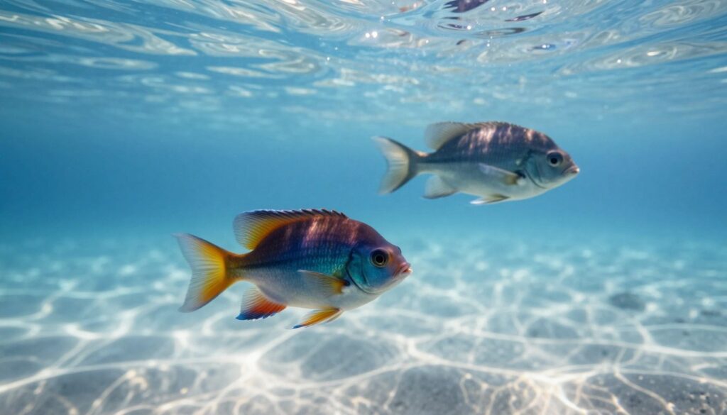 A serene underwater scene depicting two distinct types of fish, symbolizing emotions and spirituality. In the foreground, a vibrant, colorful fish with flowing fins embodies sensitivity and emotions, gracefully swimming among gentle waves of light. In the middle, a more subdued, calm fish glides through the deeper blue waters, representing introspection and spirituality. The background reveals a soft, ethereal glow from sunlight filtering through the water's surface, casting magical patterns on the sandy seabed. The atmosphere is tranquil, evoking a sense of harmony and understanding. The image should have a soft focus, capturing the fluid motion of the fish in a dreamlike manner, creating a peaceful ambiance that resonates with the themes of emotional depth and connection.