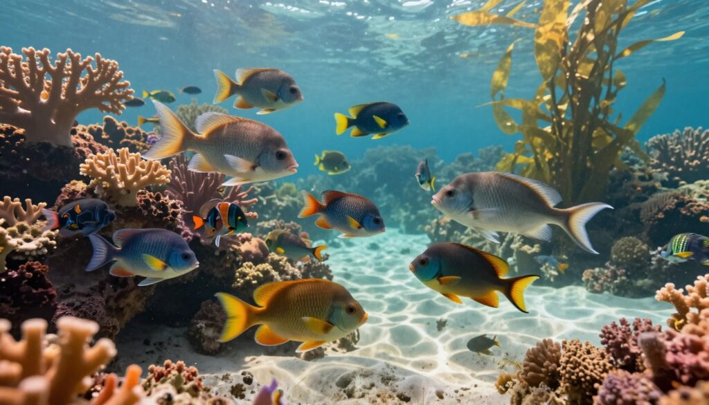 A serene underwater scene featuring vibrant fish swimming harmoniously among colorful coral reefs. In the foreground, a majestic confluence of various fish species, symbolizing the strong bond between the zodiac signs Pisces and Aries. The Pisces fish are depicted with soft, flowing movements, while the Aries fish display bold, dynamic poses, illustrating their complementary strengths. The middle ground captures the rich textures of the coral, glowing with soft sunlight filtering down from the surface, creating ethereal patterns on the sandy seabed. The background showcases a gentle, swaying kelp forest, contributing to a tranquil yet vibrant atmosphere. The overall mood is one of unity and understanding, reflecting the article's theme of connection and compatibility. The lighting is warm and inviting, with a clear focus on the relationship between the fish.