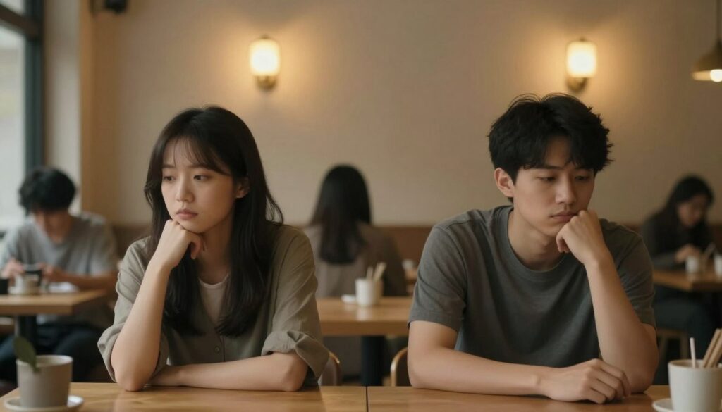 A serene yet contemplative scene depicting the psychological landscape of "quiet quitting" in a relationship. In the foreground, a couple is seated at a table in a cozy café, both dressed in modest casual clothing, appearing distant and absorbed in their thoughts. The middle ground features soft, warm lighting that emanates from wall sconces, casting gentle shadows on their faces, reflecting the emotional disconnect. In the background, blurred silhouettes of other patrons suggest a bustling environment, contrasting with the couple's isolation. The atmosphere is laden with unspoken tension and introspection, capturing the essence of disengagement without overt conflict. The overall mood should evoke a sense of melancholy and reflection on lost connection. A serene yet contemplative scene depicting the psychological landscape of "quiet quitting" in a relationship. In the foreground, a couple is seated at a table in a cozy café, both dressed in modest casual clothing, appearing distant and absorbed in their thoughts. The middle ground features soft, warm lighting that emanates from wall sconces, casting gentle shadows on their faces, reflecting the emotional disconnect. In the background, blurred silhouettes of other patrons suggest a bustling environment, contrasting with the couple's isolation. The atmosphere is laden with unspoken tension and introspection, capturing the essence of disengagement without overt conflict. The overall mood should evoke a sense of melancholy and reflection on lost connection.