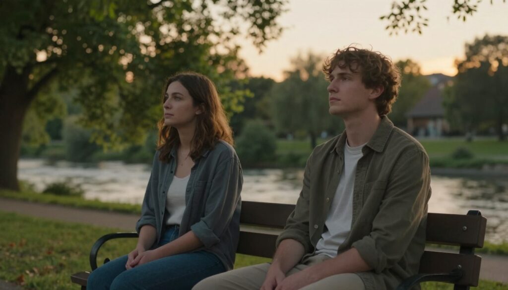 A serene yet emotionally charged scene depicting a couple sitting apart on a park bench under a soft, golden sunset. In the foreground, the couple, dressed in modest casual clothing, shows subtle expressions of contemplation and distance. Their body language suggests a moment of introspection rather than conflict. In the middle ground, lush green trees and a gently flowing river add to the tranquil atmosphere, while the background features hints of warm, diffused light filtering through leaves, creating a soft bokeh effect. The overall mood is reflective and calm, highlighting the theme of relationship separation and the need for clarity during a time of crisis. Use a shallow depth of field to focus on the couple while softly blurring the background.