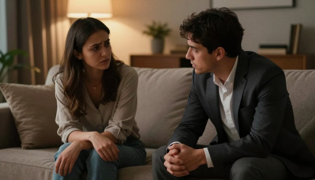 A serene yet emotionally charged scene depicting the dynamics of a relationship influenced by anxious attachment. In the foreground, a couple is seated on a stylish sofa, engaging in a tense conversation, their expressions reflecting a mix of longing and anxiety. One partner, dressed in professional attire, leans slightly forward, hands clasped, while the other, in modest casual clothing, appears withdrawn, gazing down. In the middle ground, soft lighting casts a warm glow around them, emphasizing their emotional struggle. The background features a softly blurred living room setting with warm tones, creating an intimate atmosphere. The overall mood conveys a sense of vulnerability and connection amid underlying tension, captured with a shallow depth of field to enhance emotional focus. A serene yet emotionally charged scene depicting the dynamics of a relationship influenced by anxious attachment. In the foreground, a couple is seated on a stylish sofa, engaging in a tense conversation, their expressions reflecting a mix of longing and anxiety. One partner, dressed in professional attire, leans slightly forward, hands clasped, while the other, in modest casual clothing, appears withdrawn, gazing down. In the middle ground, soft lighting casts a warm glow around them, emphasizing their emotional struggle. The background features a softly blurred living room setting with warm tones, creating an intimate atmosphere. The overall mood conveys a sense of vulnerability and connection amid underlying tension, captured with a shallow depth of field to enhance emotional focus.