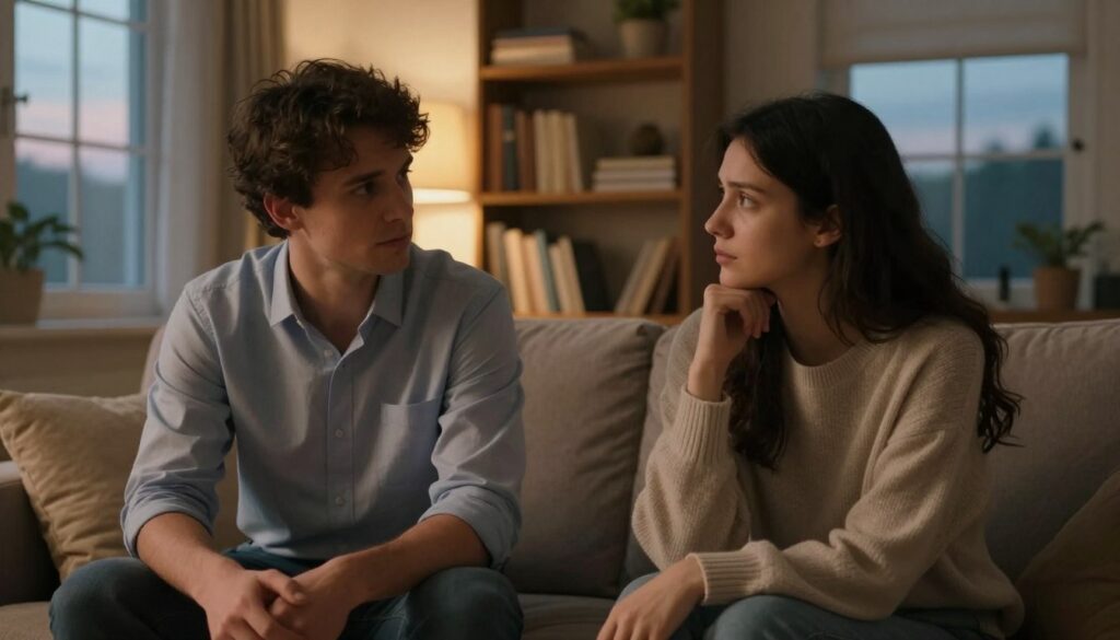 A serene yet introspective scene depicting a couple in a cozy, softly lit living room. In the foreground, a man and woman sit on a plush sofa, engaged in a deep conversation, their body language conveying concern and understanding. The man, wearing a smart casual shirt, gazes thoughtfully at the woman, who is in a modest sweater. In the middle ground, shelves filled with books and a gentle light from a lamp create a warm, inviting atmosphere. In the background, a window reveals a peaceful, twilight sky, enhancing the mood of introspection and connection. The lighting should be warm and soft, highlighting the emotions in their expressions and creating a sense of intimacy and vulnerability.
