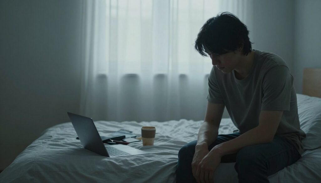 A serene yet somber scene depicting emotional exhaustion, focused on a young adult sitting on the edge of a bed in a softly lit room. The foreground shows the individual, dressed in modest casual clothing, looking down with a distant expression, hands resting on their knees. The middle layer includes scattered personal items like a closed laptop and a neglected coffee cup, symbolizing mental strain. In the background, a window with sheer curtains allows gentle, diffused daylight to enter, casting soft shadows. The overall atmosphere is heavy and reflective, highlighting feelings of weariness and introspection, with a cool color palette emphasizing a sense of calm yet desolation.