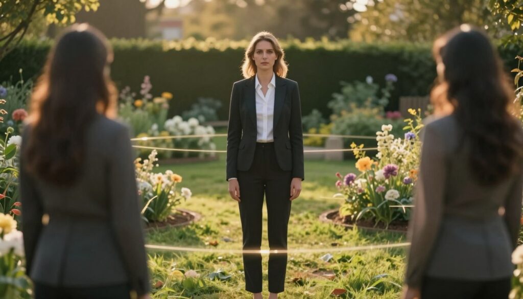 A serene yet thought-provoking scene depicting a woman standing firmly in a tranquil garden, softly illuminated by warm, golden afternoon light. She is dressed in professional business attire, portraying confidence and strength. In the foreground, she is facing an ethereal representation of shadowy, ambiguous figures symbolizing manipulation and narcissism, slightly out of focus to convey subtlety. The middle ground features delicate flowers and boundaries marked by faint, glowing lines, representing personal limits being established. The background showcases lush greenery and a calm, harmonious atmosphere, suggesting peace and resolution. The overall mood is empowering, with a sense of determination in the woman's posture as she embodies the concept of setting boundaries with grace and strength.