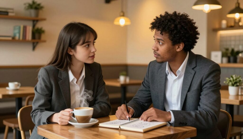 A soft, inviting scene depicting two friends calmly engaging in a deep conversation over coffee in a cozy café. In the foreground, a small wooden table is adorned with two steaming cups and a notebook filled with notes and sketches, symbolizing communication and connection. The middle ground features the friends, a diverse pair in professional business attire, leaning slightly toward each other, expressing openness and attentiveness. The backdrop of the café is warm and softly lit, with warm yellow tones from hanging pendant lights, shelves of books, and small potted plants, adding to the atmosphere of intimacy and trust. The overall mood is relaxed and inviting, emphasizing the importance of open dialogue in rebuilding relationships.