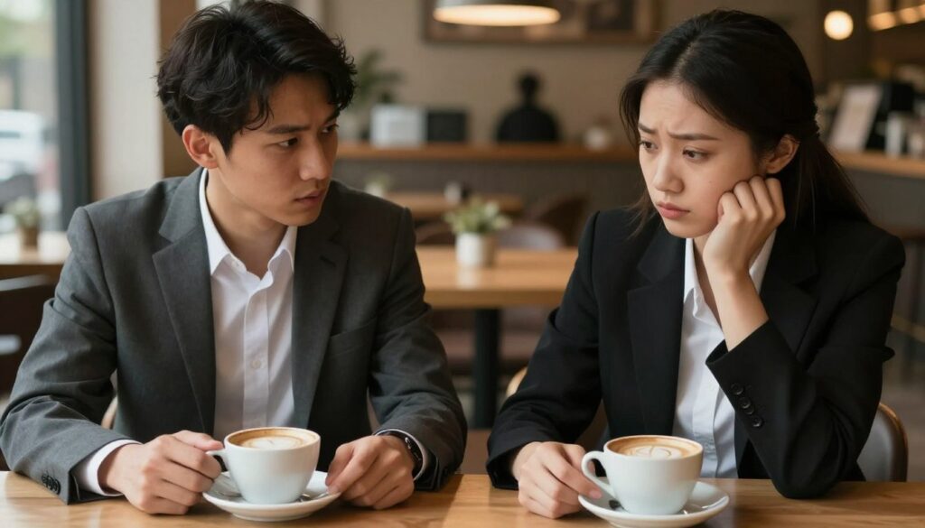 A somber and introspective scene depicting two individuals sitting at a café table, staring pensively at their cups of coffee, symbolizing the lack of closeness in their relationship. The foreground features their hands placed on the table, with one hand slightly reaching out, emphasizing a yearning for connection. In the middle ground, the characters are dressed in professional business attire, conveying seriousness, with facial expressions of contemplation and concern. The background should include blurred elements of the café, with soft warm lighting that creates a cozy yet melancholic atmosphere. The angle is slightly overhead, focusing on their disconnected body language while remaining respectful and professional. The overall mood is reflective, inviting viewers to contemplate the deeper emotional issues manifesting in a lack of intimacy.