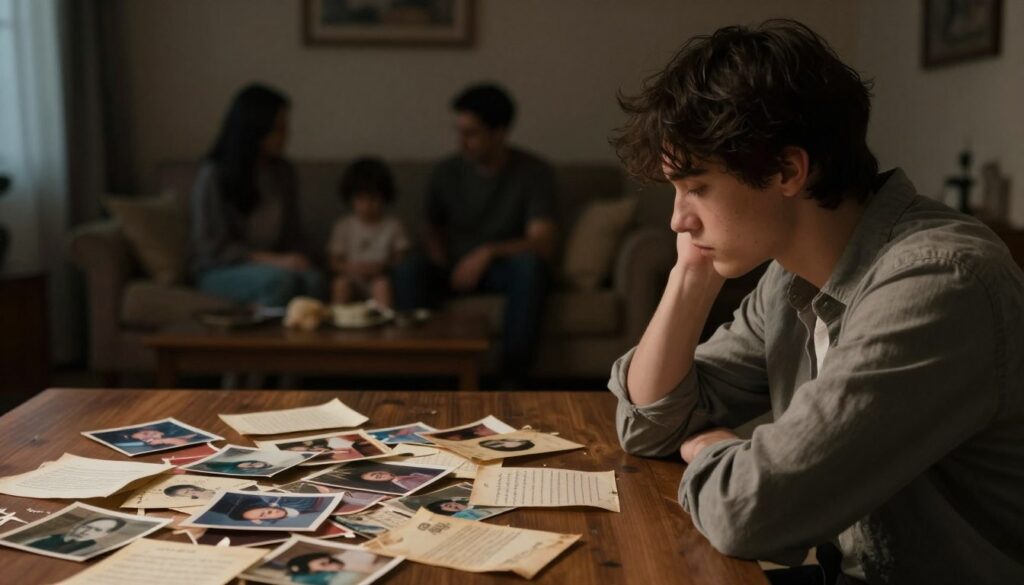 A somber and reflective scene depicting destructive patterns inherited from a family home. In the foreground, a young adult, thoughtfully dressed in modest casual clothing, gazes introspectively at a chaotic array of fragmented photographs and torn family letters scattered on a wooden table, representing emotional baggage. The middle ground features a dimly lit living room with shadowy silhouettes of a dysfunctional family in the background, their outlines blurred to imply distance and disconnection. Soft, diffuse lighting casts gentle shadows, adding a melancholic mood, while a warm color palette of muted browns and greys conveys nostalgia. The image should evoke feelings of introspection and the weight of past experiences, focusing on the impact of familial bonds on personal growth.