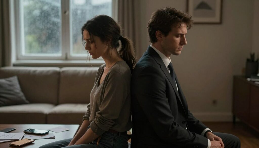 A somber and reflective scene depicting two individuals, a man and a woman, standing back-to-back in a softly lit room. The man, dressed in a professional business suit, appears thoughtful with a furrowed brow, while the woman, in modest casual wear, gazes down with a troubled expression. In the foreground, a table cluttered with broken communication tools like a cracked phone and scattered letters symbolizes their fractured relationship. The middle ground features a dimly lit couch, representing emotional distance. In the background, a soft-focus window shows a rainy day outside, enhancing the mood of isolation and introspection. Use warm yet muted colors to evoke feelings of distrust and disappointment, with gentle shadows adding depth to the atmosphere. A somber and reflective scene depicting two individuals, a man and a woman, standing back-to-back in a softly lit room. The man, dressed in a professional business suit, appears thoughtful with a furrowed brow, while the woman, in modest casual wear, gazes down with a troubled expression. In the foreground, a table cluttered with broken communication tools like a cracked phone and scattered letters symbolizes their fractured relationship. The middle ground features a dimly lit couch, representing emotional distance. In the background, a soft-focus window shows a rainy day outside, enhancing the mood of isolation and introspection. Use warm yet muted colors to evoke feelings of distrust and disappointment, with gentle shadows adding depth to the atmosphere.