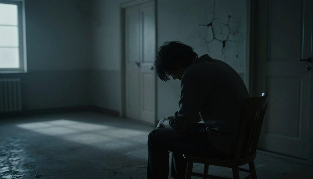 A somber, dimly lit room where a figure sits alone on a chair, facing away, symbolizing isolation and despair. The foreground shows a shadowy outline of the person, dressed in modest casual clothing, with slumped shoulders, conveying emotional weight. In the middle ground, a wall displays faint, cracking paint, representing deterioration and toxicity. The background consists of blurred shapes of closed doors, suggesting entrapment and the lack of escape from a toxic relationship. Soft, cool lighting filters through a small window, casting elongated shadows that enhance the feeling of gloom. The atmosphere is heavy, reflecting the psychological impact of a toxic relationship on mental health, evoking feelings of sadness and the struggle to break free. A somber, dimly lit room where a figure sits alone on a chair, facing away, symbolizing isolation and despair. The foreground shows a shadowy outline of the person, dressed in modest casual clothing, with slumped shoulders, conveying emotional weight. In the middle ground, a wall displays faint, cracking paint, representing deterioration and toxicity. The background consists of blurred shapes of closed doors, suggesting entrapment and the lack of escape from a toxic relationship. Soft, cool lighting filters through a small window, casting elongated shadows that enhance the feeling of gloom. The atmosphere is heavy, reflecting the psychological impact of a toxic relationship on mental health, evoking feelings of sadness and the struggle to break free.