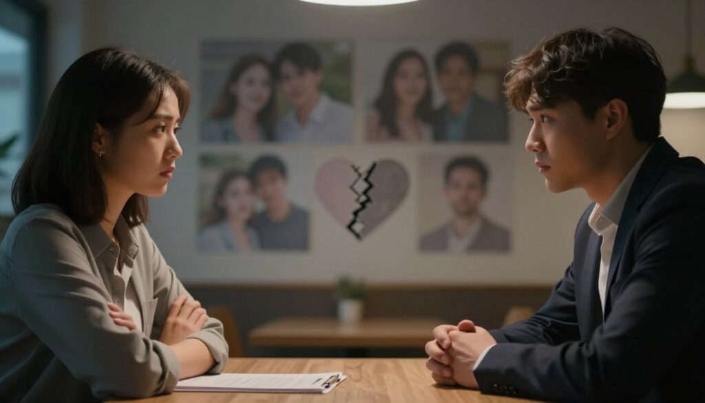 A somber, introspective scene depicting key warning signs in a relationship. In the foreground, two people sit at a table, visibly tense; one leans back with crossed arms, while the other leans forward, looking concerned. They are dressed in modest business attire, highlighting their seriousness. In the middle ground, a subtle contrast of blurred photographs representing happy moments together fades into images of broken connections, like a cracked heart symbol. The background features soft, dim lighting, suggesting an evening atmosphere, evoking a mood of uncertainty and introspection. Use a shallow depth of field to emphasize the tension between the two figures, allowing the viewer to feel the weight of unspoken emotions. The overall tone should be reflective and thought-provoking, embodying the complexities of trust and emotional betrayal in relationships.