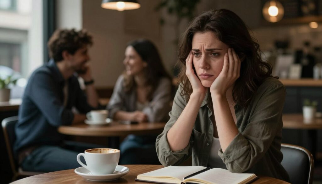 A somber, introspective scene focusing on a woman sitting alone at a dimly lit café table, reflecting her inner turmoil. She wears modest casual clothing, with a distant gaze and a furrowed brow, capturing the emotional weight of long-term dissatisfaction in a relationship. In the foreground, a half-empty coffee cup and an open journal highlight her isolation and contemplation. The middle ground features blurred figures of couples laughing and interacting, contrasting her solitude and emphasizing feelings of disconnect. The background showcases the warm ambiance of the café with soft, diffused lighting, creating a moody atmosphere that evokes melancholy and introspection. The overall composition should convey the psychological impact of prolonged dissatisfaction, inviting viewers to empathize with her emotional struggle.