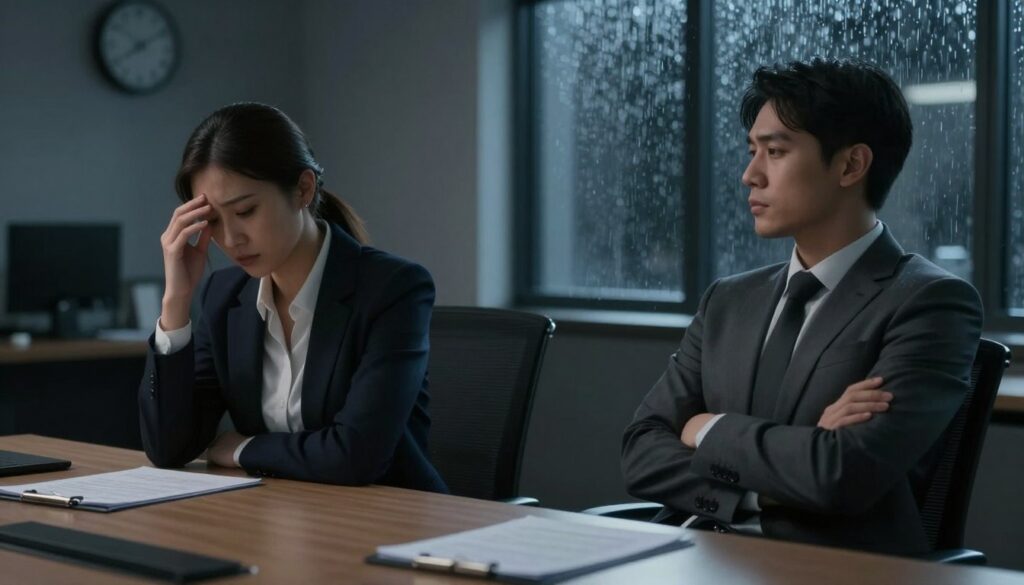 A somber office scene, featuring a male and female figure in professional business attire, sitting across from each other at a conference table. The female figure, visibly distressed, gazes downward while the male figure, arms crossed, looks away, embodying an emotional silence. The lighting is dim, casting long shadows, to emphasize the tension in the atmosphere. In the background, blurred office elements such as a clock and a window with rain streaking down create a feeling of isolation and discomfort. The focus is on the emotional manipulation expressed through their body language and expressions, capturing the essence of "punishment by silence" in a relationship. The overall mood is heavy and introspective.