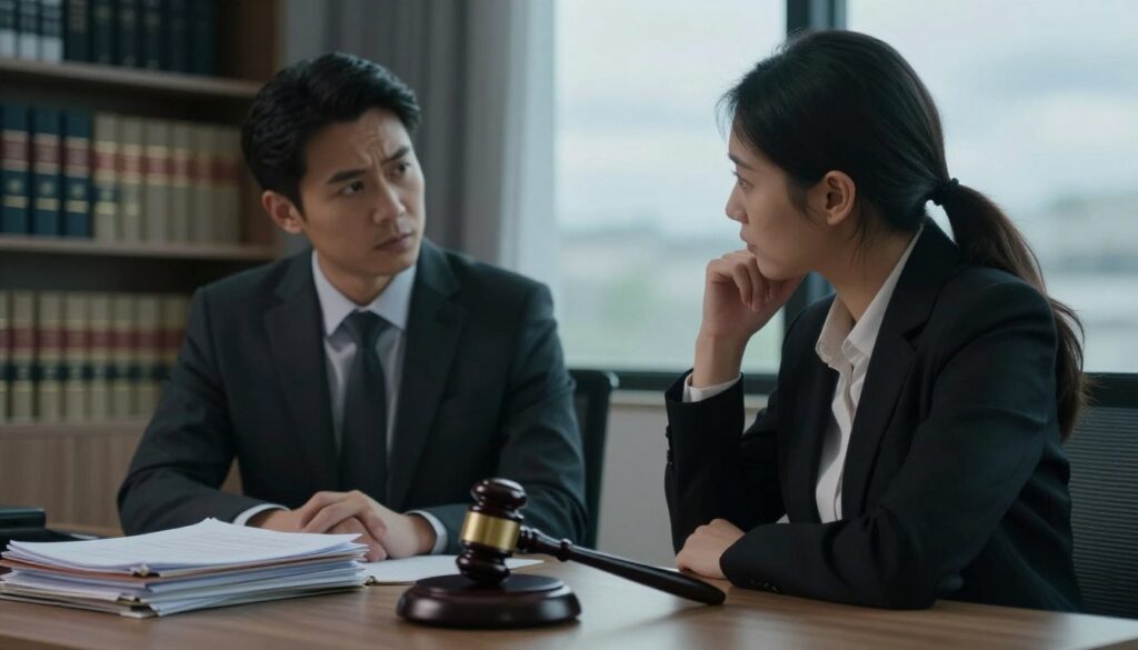 A somber, professional setting depicting two individuals seated across from each other at a table in an office environment, representing a serious discussion about the legal aspects of marital intimacy. The foreground features a stack of legal documents and a gavel, symbolizing law. The middle ground shows the two individuals, dressed in formal business attire, engaged in thoughtful conversation, their expressions reflecting concern and understanding. The background is softly blurred with shelves of legal books and a window showing a cloudy sky, suggesting tension and contemplation. Soft, diffused lighting casts a gentle glow over the scene, creating a mood of gravity and introspection, emphasizing the importance of communication in addressing sensitive topics.