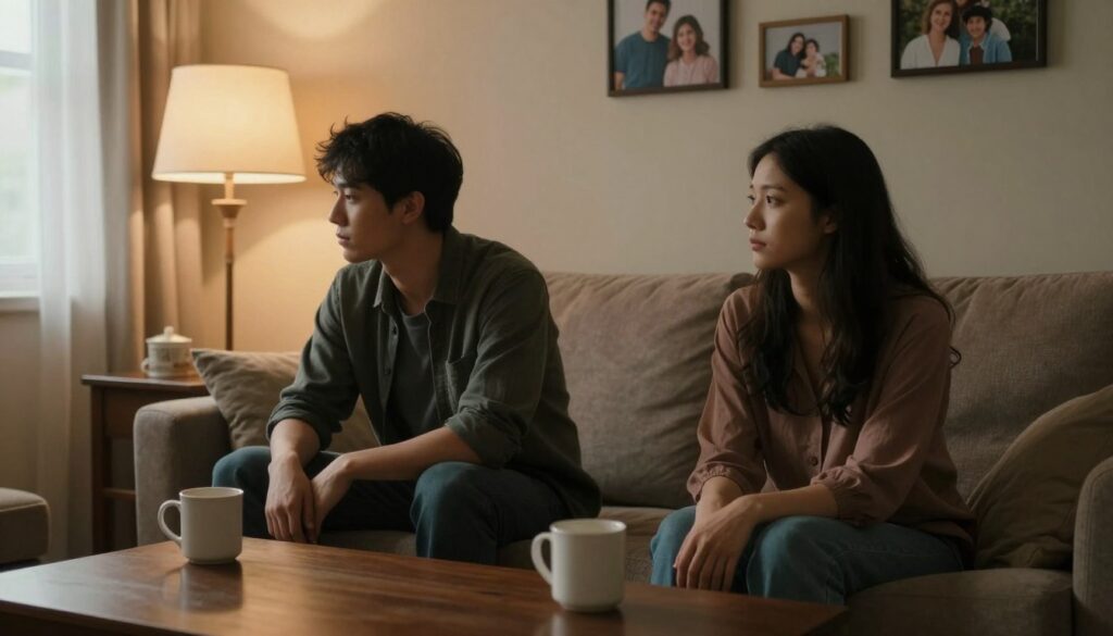 A somber scene depicting a couple sitting on a couch in a warmly lit living room, visibly distant from each other. The man is looking down, lost in thought, while the woman gazes out of a window, a gentle frown on her face. In the foreground, a coffee table holds two untouched mugs, symbolizing their emotional disconnect. The lighting is soft and warm, emanating from a nearby lamp, casting shadows that enhance the feeling of isolation. In the background, family photos on the wall convey happier times, contrasting with the current mood. The atmosphere is heavy with unspoken tension, exploring the absence of tenderness in their relationship. A somber scene depicting a couple sitting on a couch in a warmly lit living room, visibly distant from each other. The man is looking down, lost in thought, while the woman gazes out of a window, a gentle frown on her face. In the foreground, a coffee table holds two untouched mugs, symbolizing their emotional disconnect. The lighting is soft and warm, emanating from a nearby lamp, casting shadows that enhance the feeling of isolation. In the background, family photos on the wall convey happier times, contrasting with the current mood. The atmosphere is heavy with unspoken tension, exploring the absence of tenderness in their relationship.